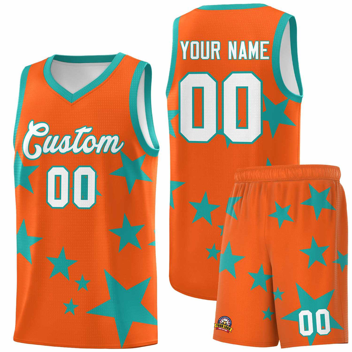 Custom Orange Aqua Graffiti Pattern Star Print Basketball Jersey Kits|KXKSHOP
