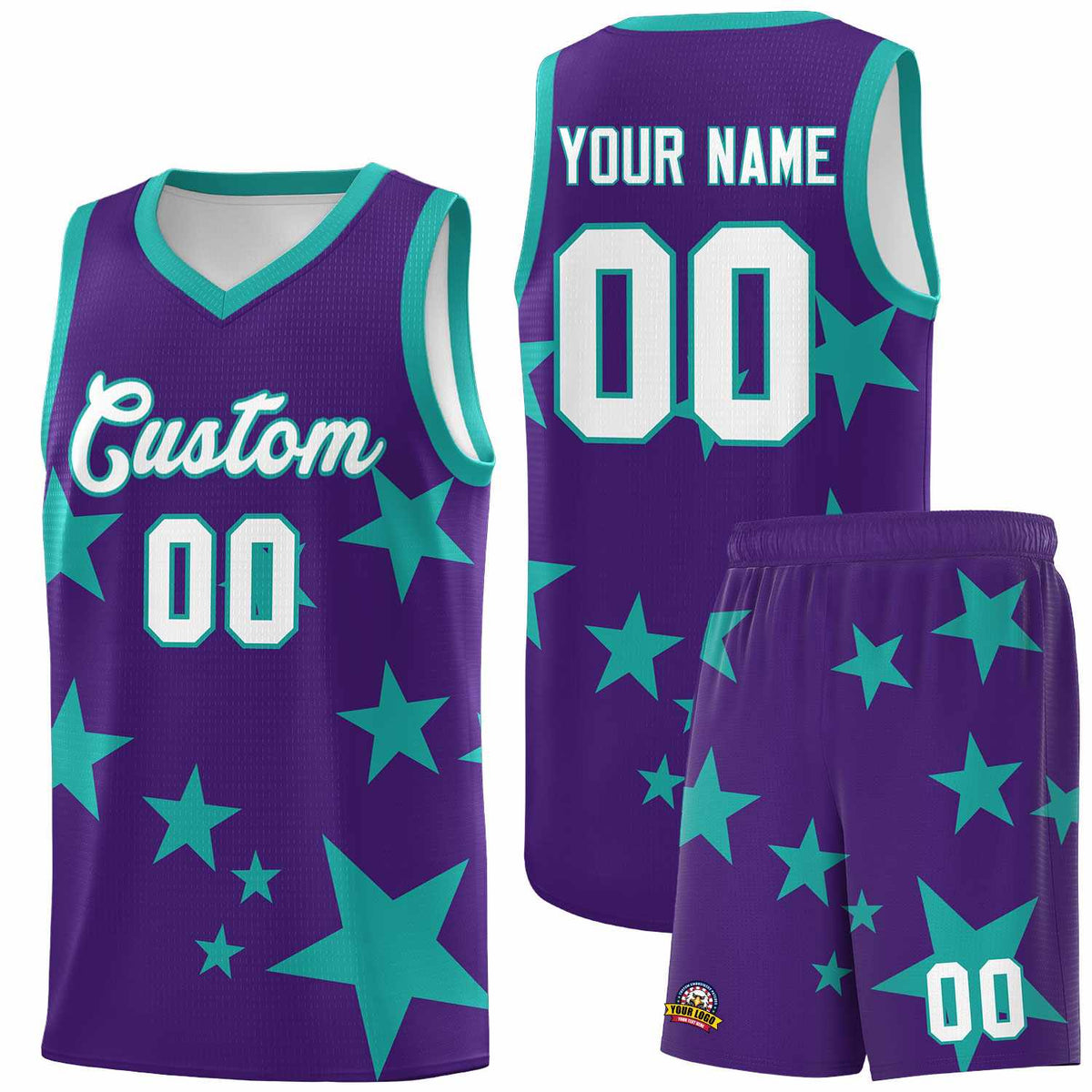 Custom Purple Aqua Graffiti Pattern Star Print Basketball Jersey Kits|KXKSHOP