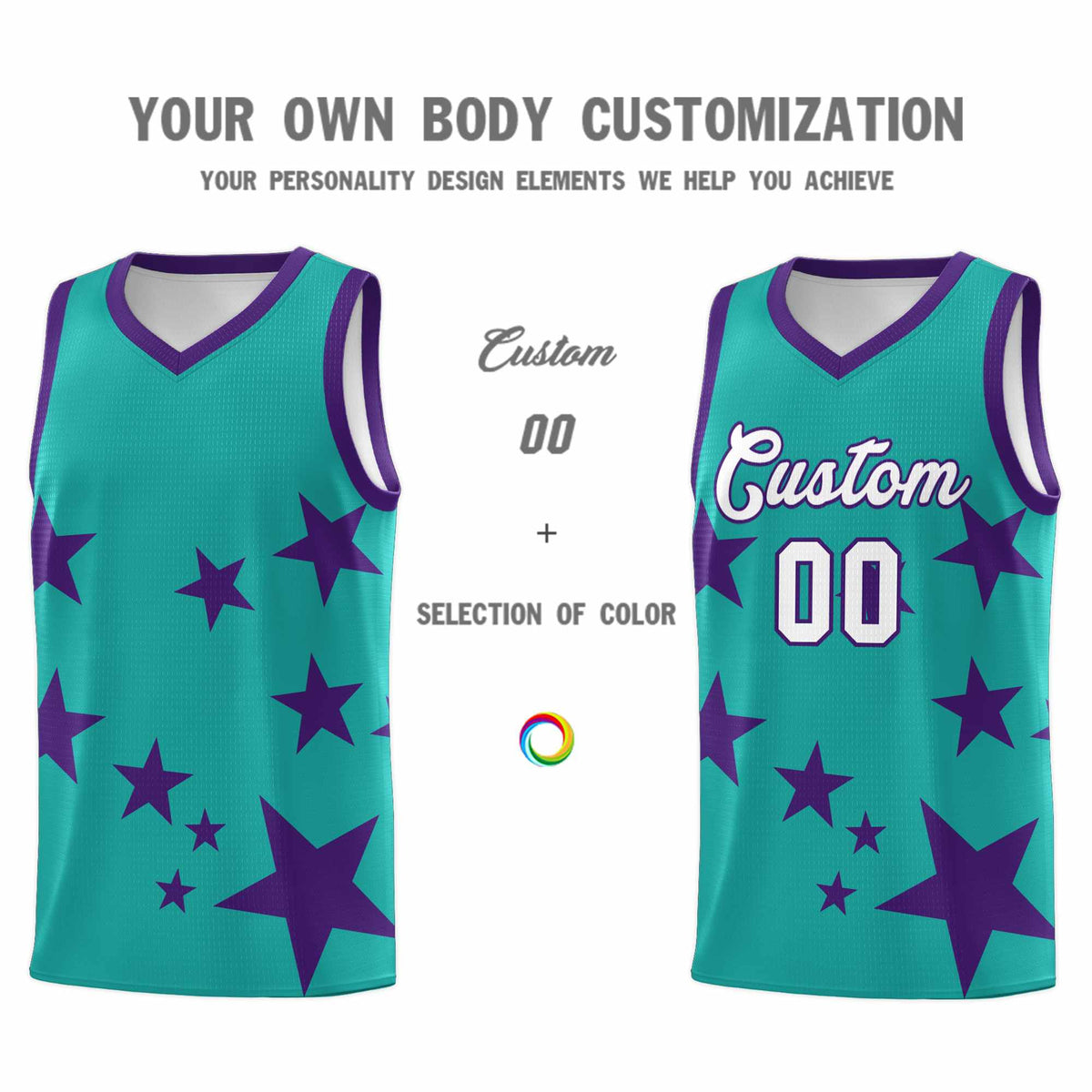 Custom Aqua Purple Graffiti Pattern Star Print Basketball Jersey Kits|KXKSHOP