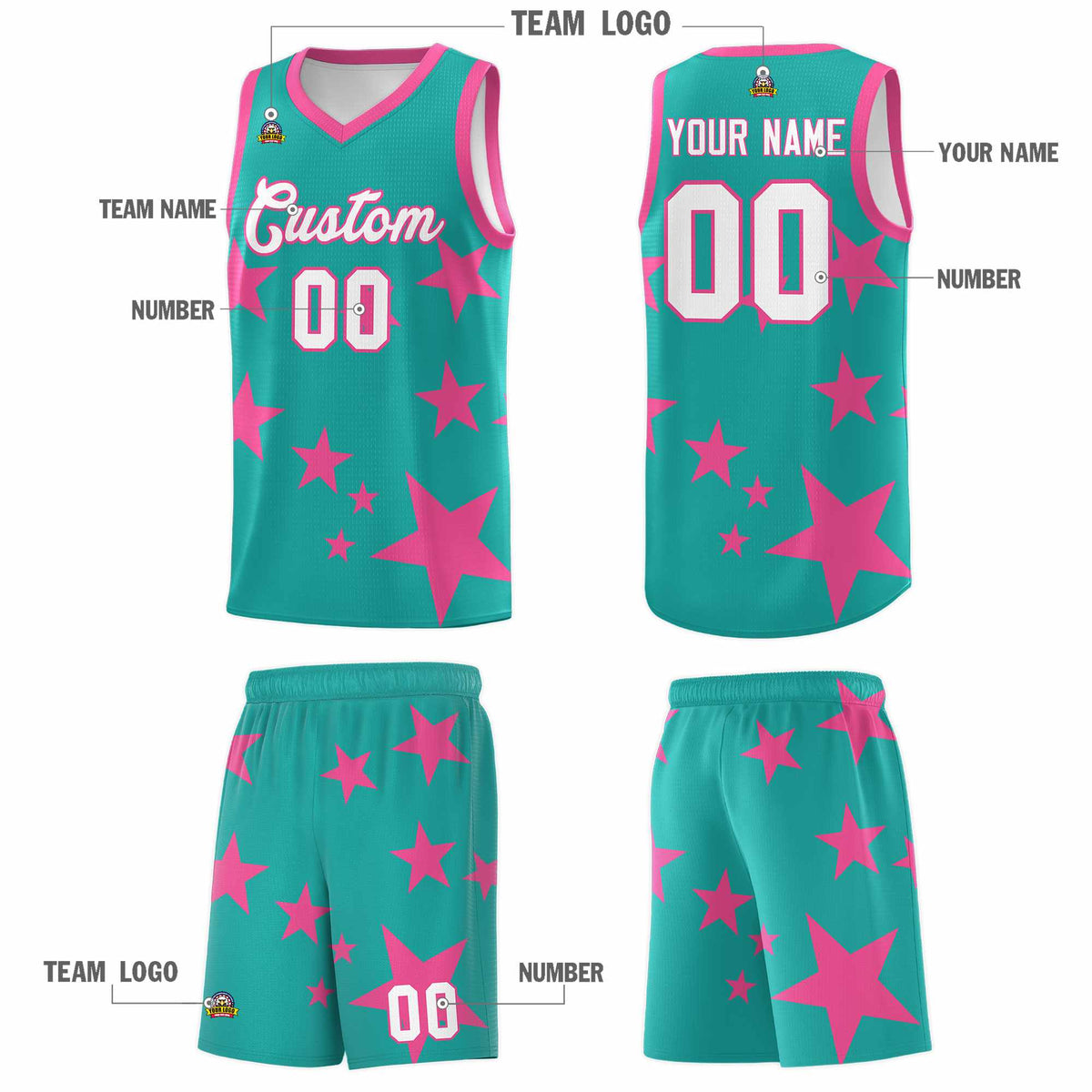 Custom Aqua Pink Graffiti Pattern Star Print Basketball Jersey Kits|KXKSHOP