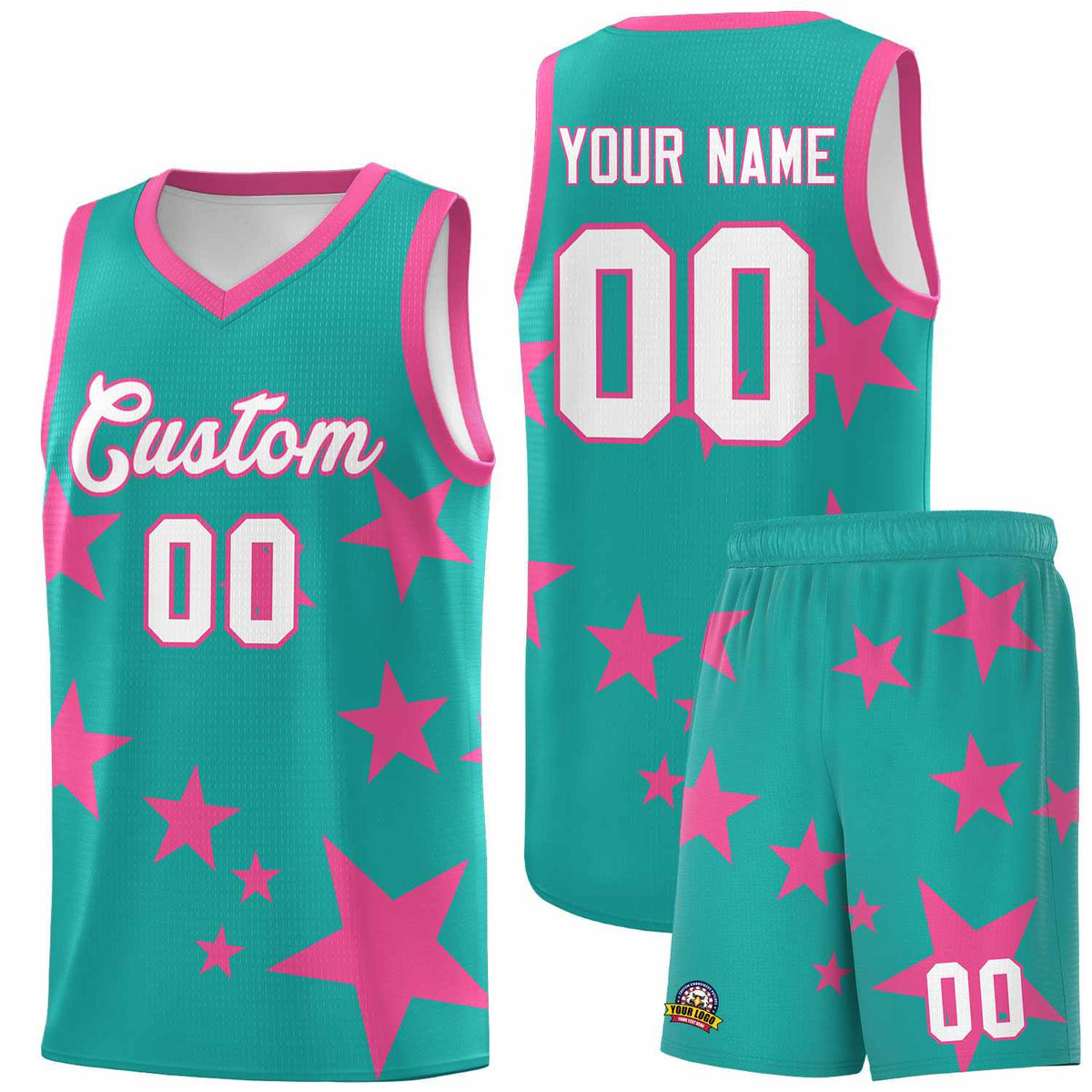 Custom Aqua Pink Graffiti Pattern Star Print Basketball Jersey Kits|KXKSHOP