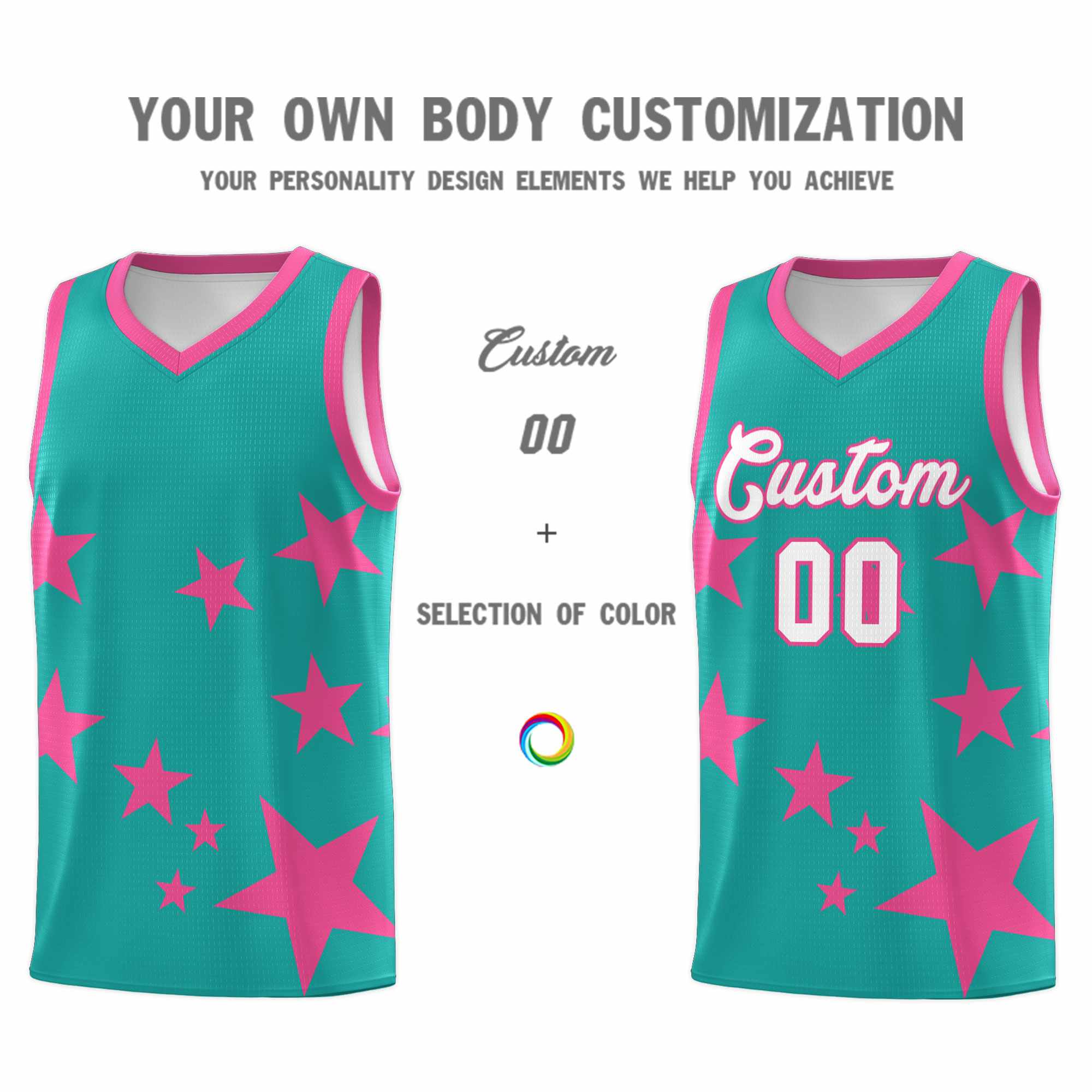 Custom Aqua Pink Graffiti Pattern Star Print Basketball Jersey Kits|KXKSHOP
