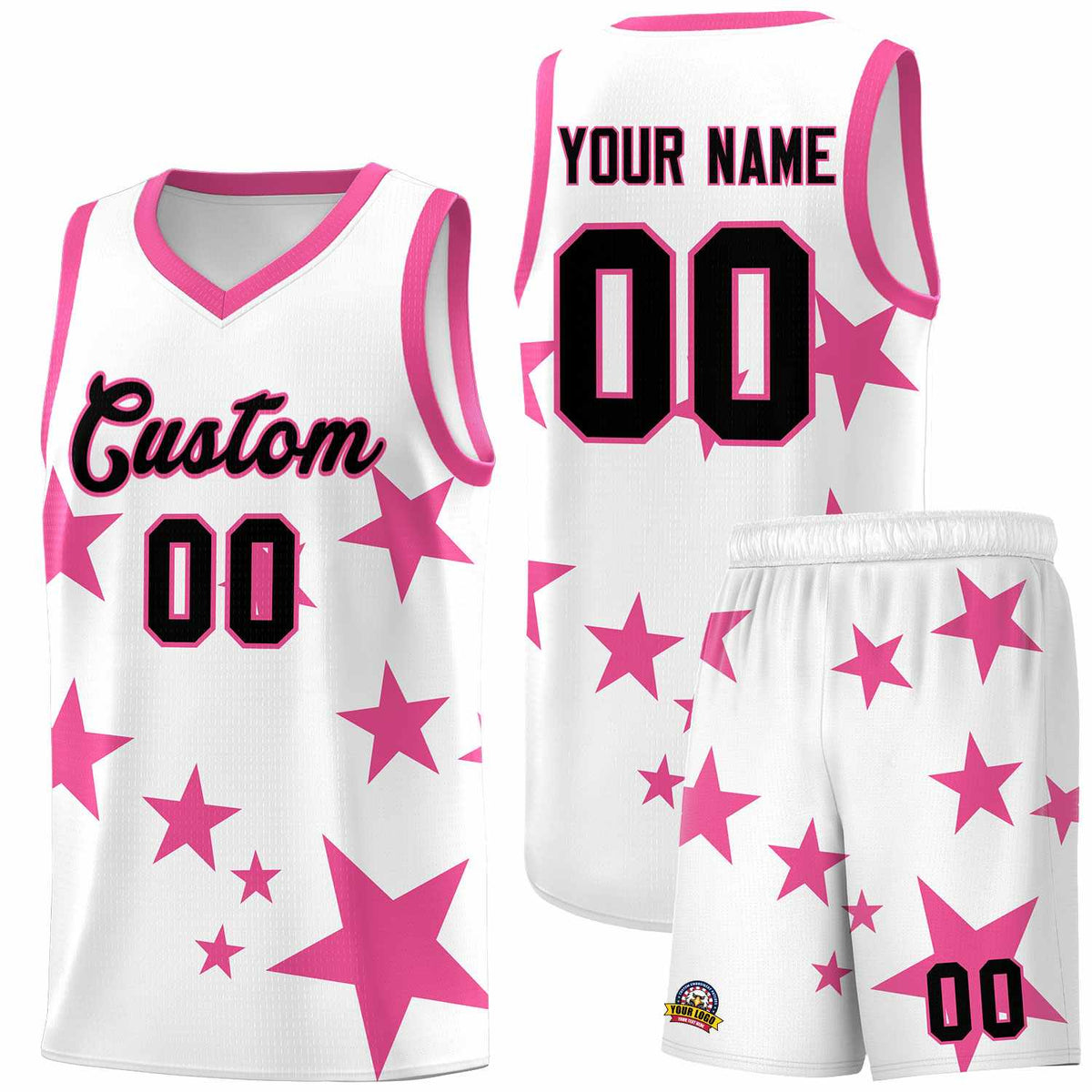 Custom White Pink Graffiti Pattern Star Print Basketball Jersey Kits|KXKSHOP