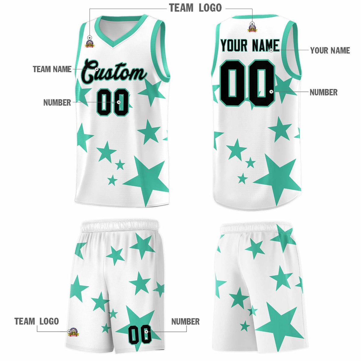 Custom White Bright Green Graffiti Pattern Star Print Basketball Jersey Kits|KXKSHOP