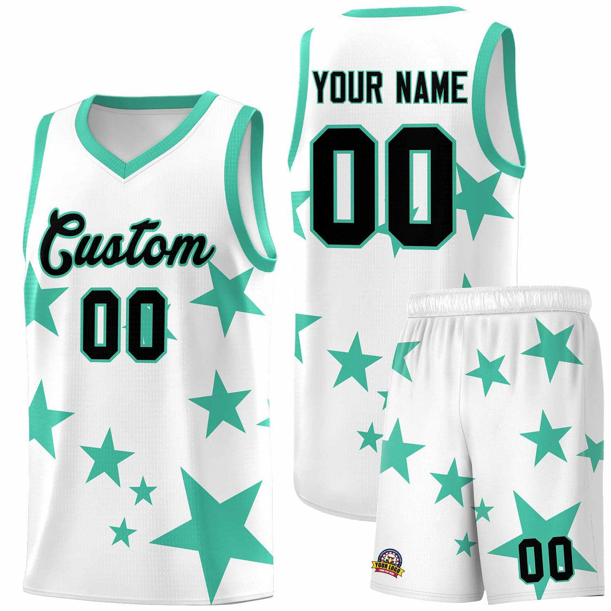 Custom White Bright Green Graffiti Pattern Star Print Basketball Jersey Kits|KXKSHOP