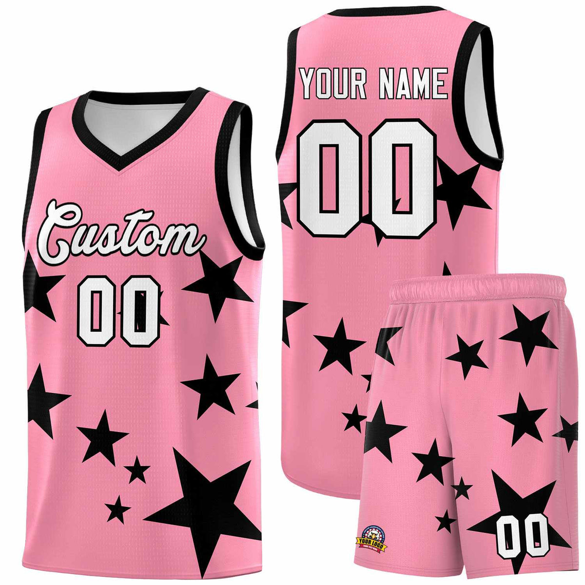 Custom Light Pink Black Graffiti Pattern Star Print Basketball Jersey Kits|KXKSHOP