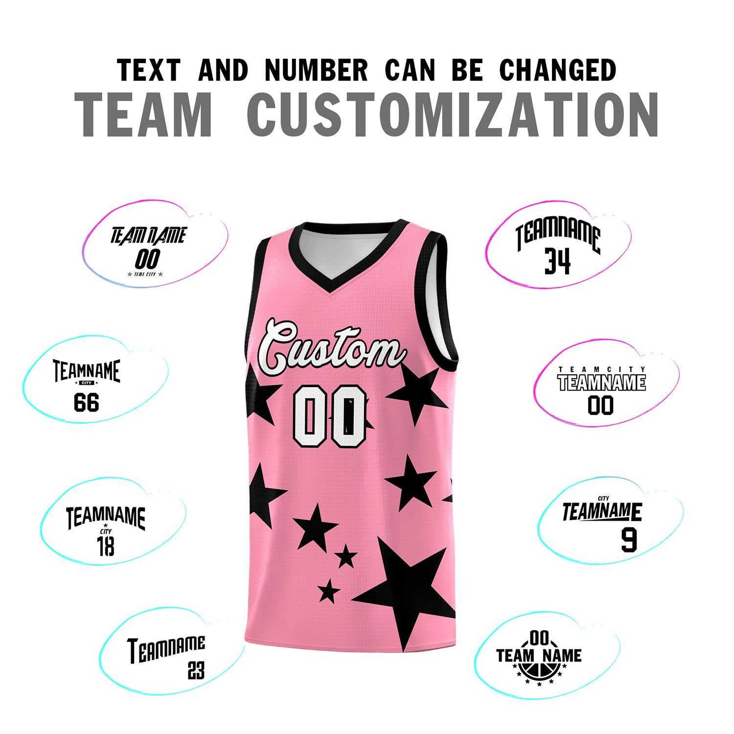 Custom Light Pink Black Graffiti Pattern Star Print Basketball Jersey Kits|KXKSHOP