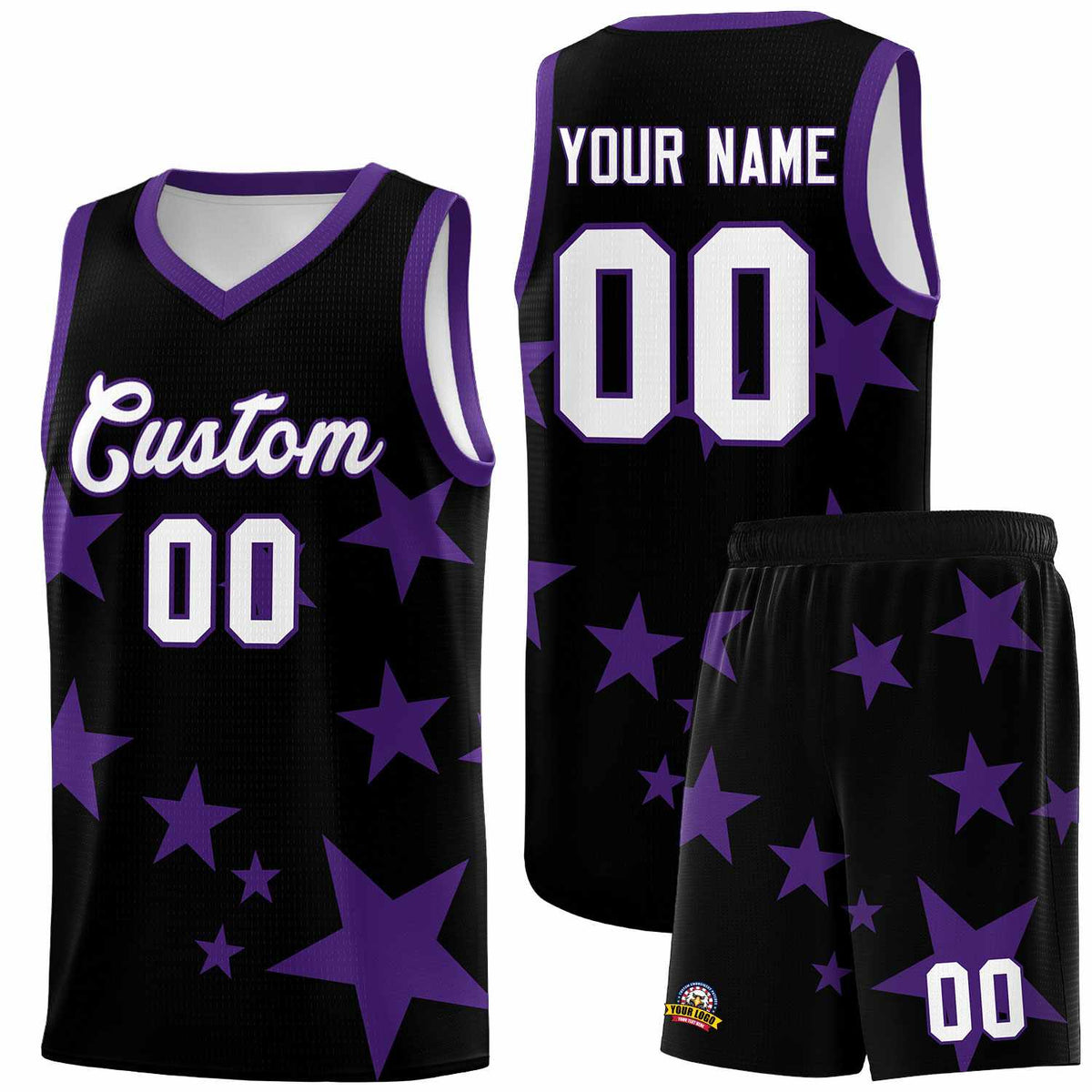 Custom Black Purple Graffiti Pattern Star Print Basketball Jersey Kits|KXKSHOP