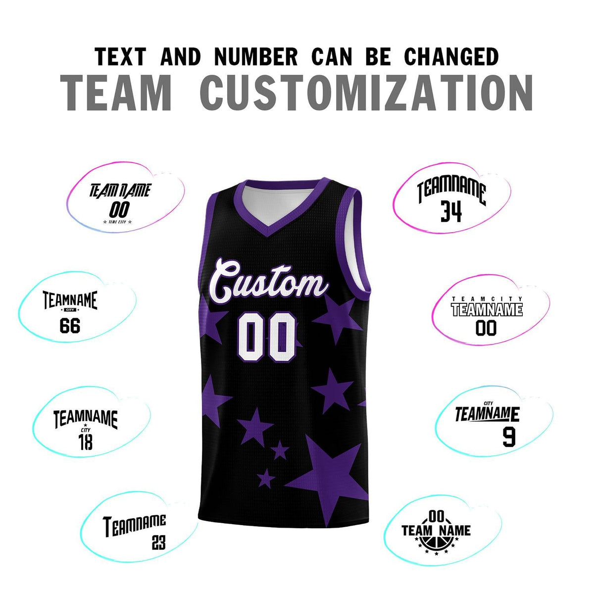 Custom Black Purple Graffiti Pattern Star Print Basketball Jersey Kits|KXKSHOP