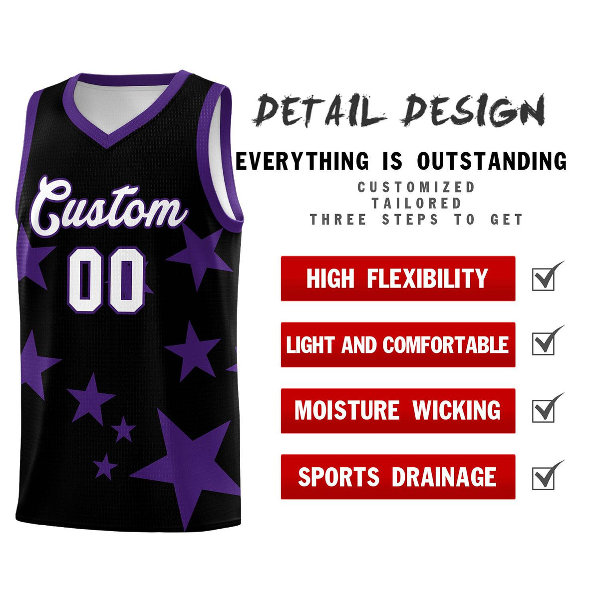 Custom Black Purple Graffiti Pattern Star Print Basketball Jersey Kits|KXKSHOP