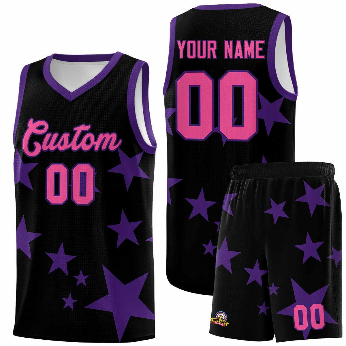 Custom Black Purple Graffiti Pattern Star Print Basketball Jersey Kits|KXKSHOP