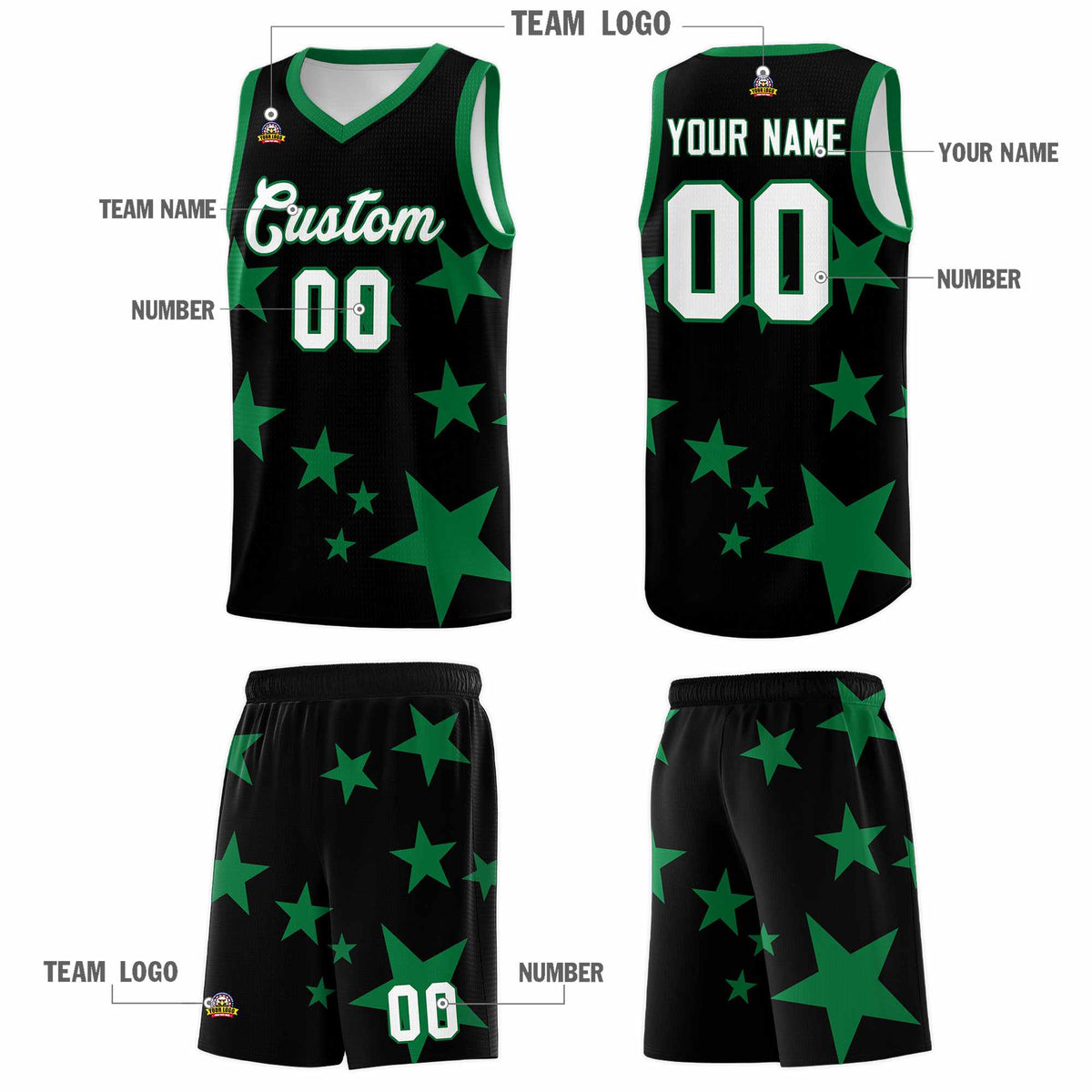 Custom Black Kelly Green Graffiti Pattern Star Print Basketball Jersey Kits|KXKSHOP