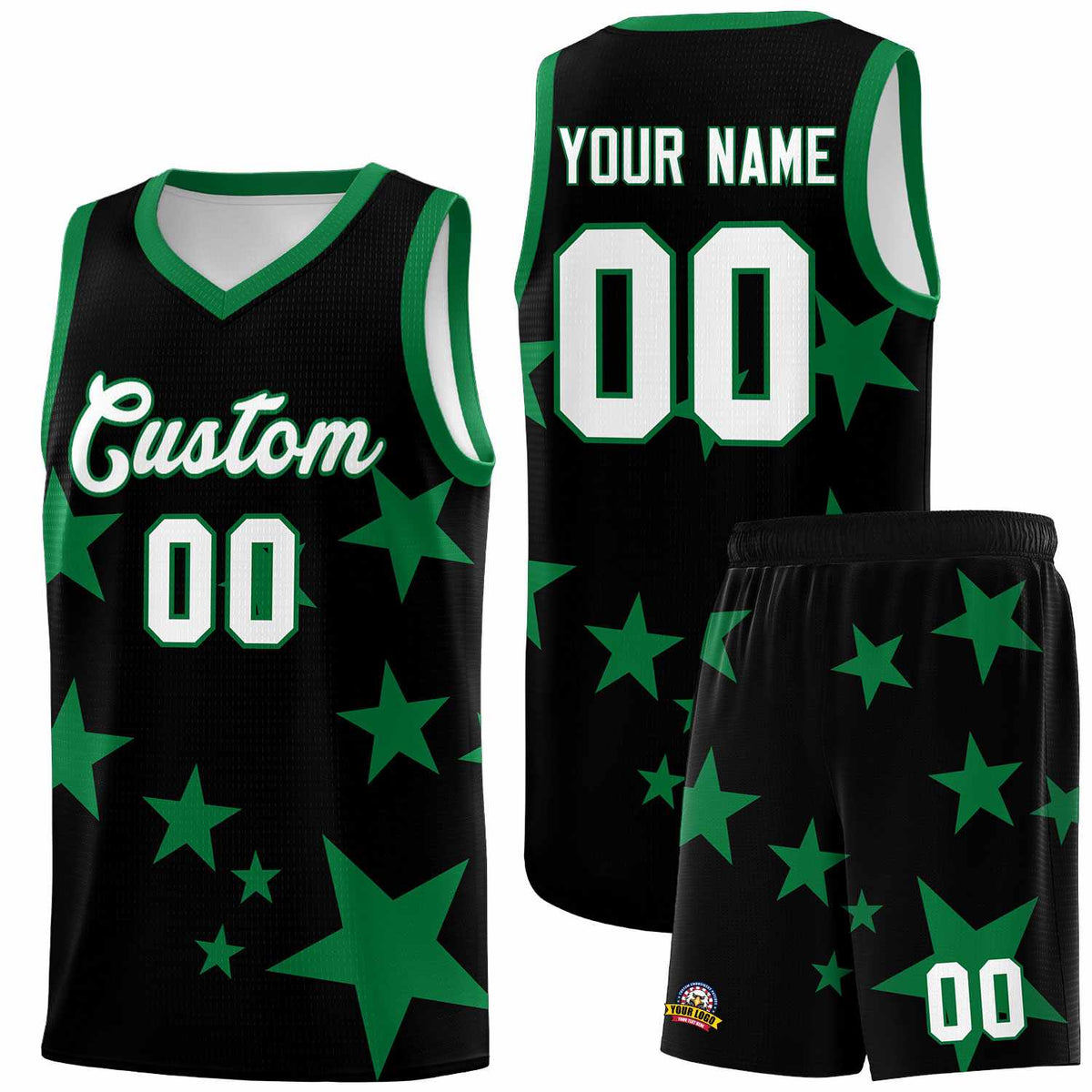 Custom Black Kelly Green Graffiti Pattern Star Print Basketball Jersey Kits|KXKSHOP