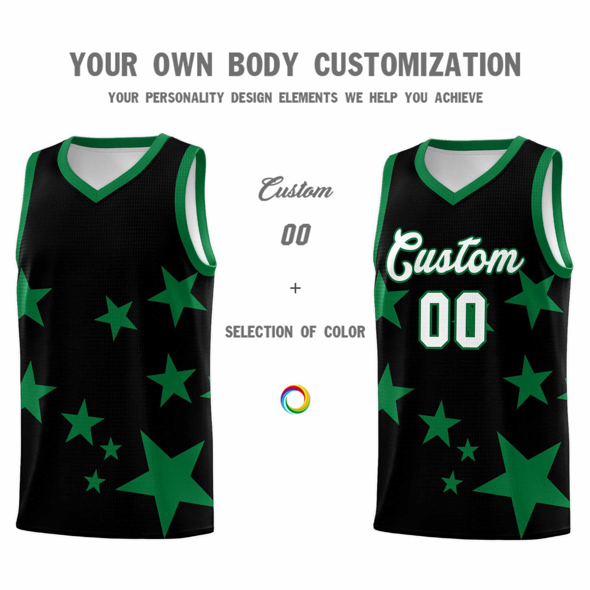 Custom Black Kelly Green Graffiti Pattern Star Print Basketball Jersey Kits|KXKSHOP
