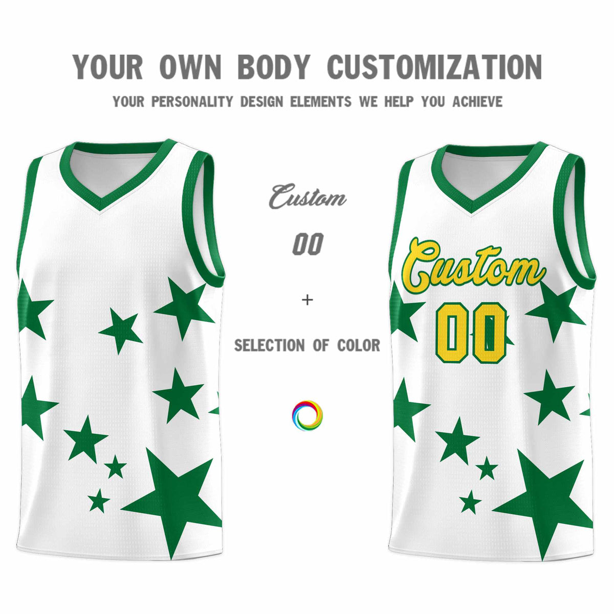 Custom White Kelly Green Graffiti Pattern Star Print Basketball Jersey Kits|KXKSHOP