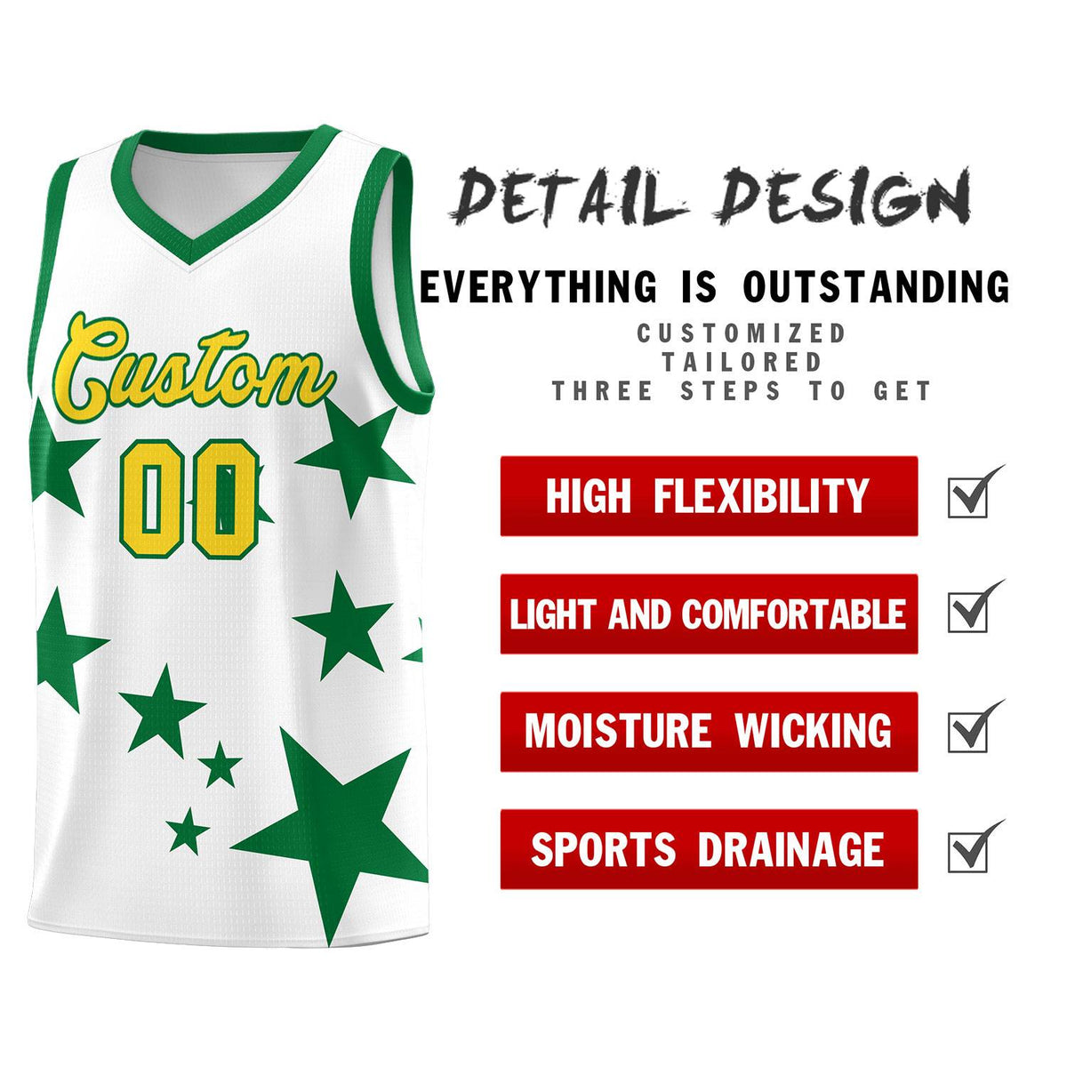 Custom White Kelly Green Graffiti Pattern Star Print Basketball Jersey Kits|KXKSHOP