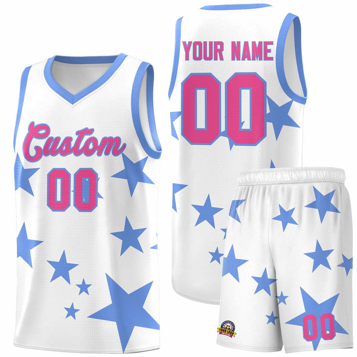 Custom White Light Blue Graffiti Pattern Star Print Basketball Jersey Kits|KXKSHOP