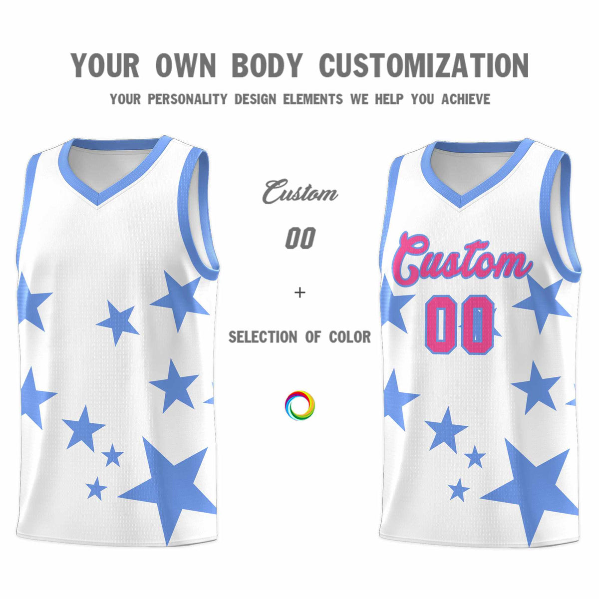 Custom White Light Blue Graffiti Pattern Star Print Basketball Jersey Kits|KXKSHOP