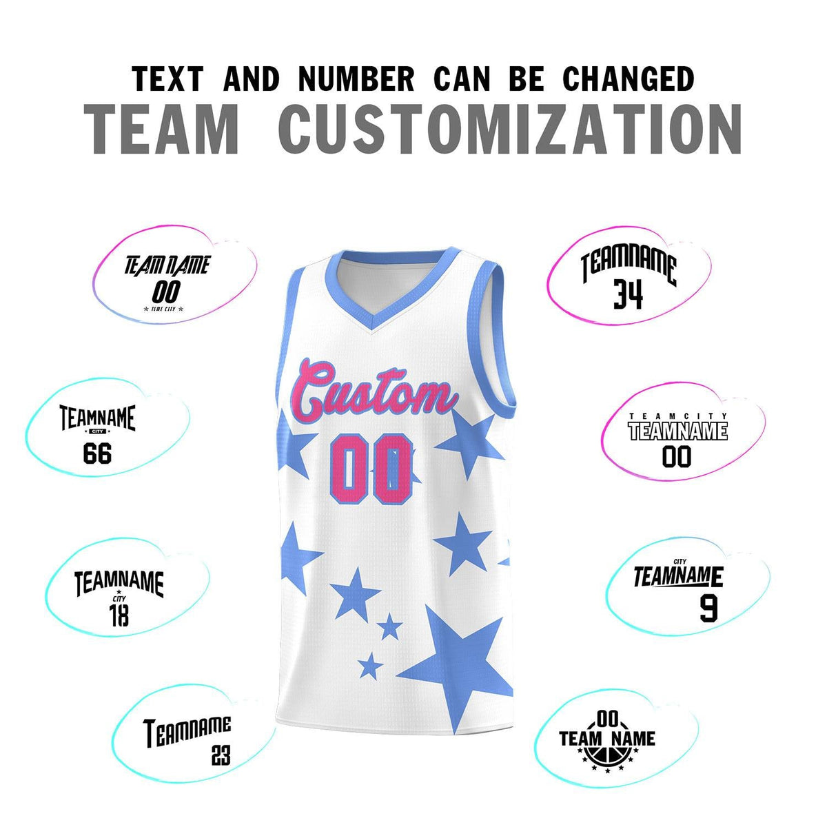 Custom White Light Blue Graffiti Pattern Star Print Basketball Jersey Kits|KXKSHOP