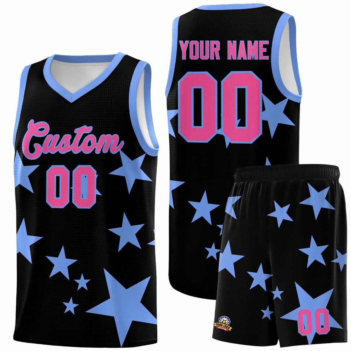 Custom Black Light Blue Graffiti Pattern Star Print Basketball Jersey Kits|KXKSHOP