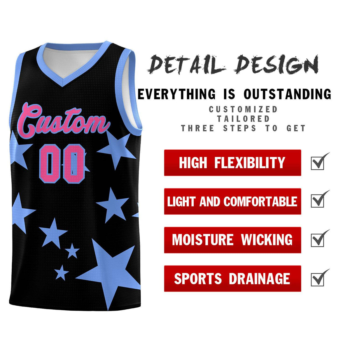 Custom Black Light Blue Graffiti Pattern Star Print Basketball Jersey Kits|KXKSHOP