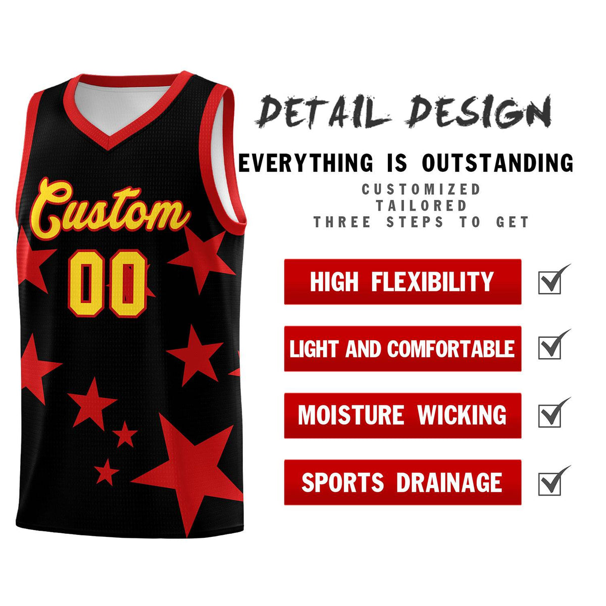 Custom Black Red Graffiti Pattern Star Print Basketball Jersey Kits|KXKSHOP