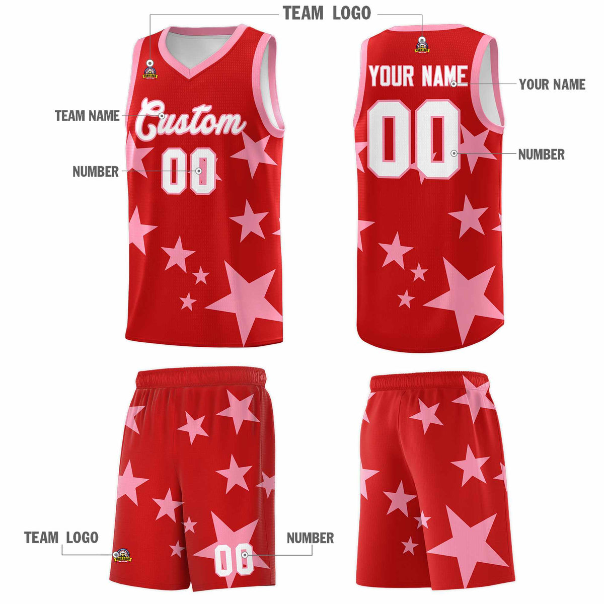 Custom Red Light Pink Graffiti Pattern Star Print Basketball Jersey Kits|KXKSHOP