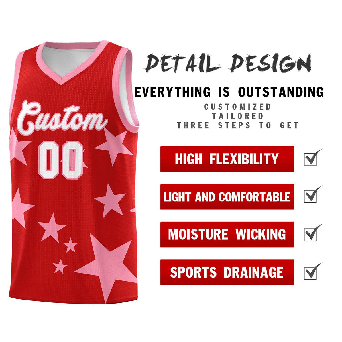 Custom Red Light Pink Graffiti Pattern Star Print Basketball Jersey Kits|KXKSHOP