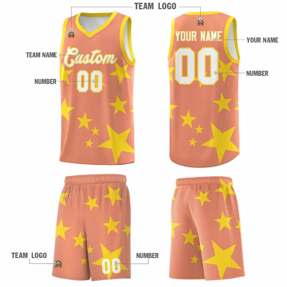 Custom Light Orange Gold Graffiti Pattern Star Print Basketball Jersey Kits|KXKSHOP