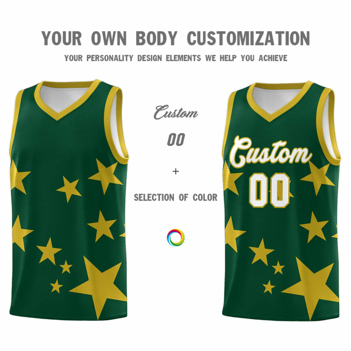 Custom Green Old Gold Graffiti Pattern Star Print Basketball Jersey Kits|KXKSHOP