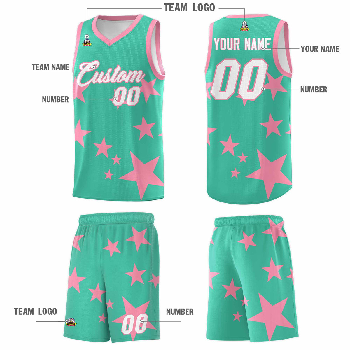 Custom Bright Green Light Pink Graffiti Pattern Star Print Basketball Jersey Kits|KXKSHOP