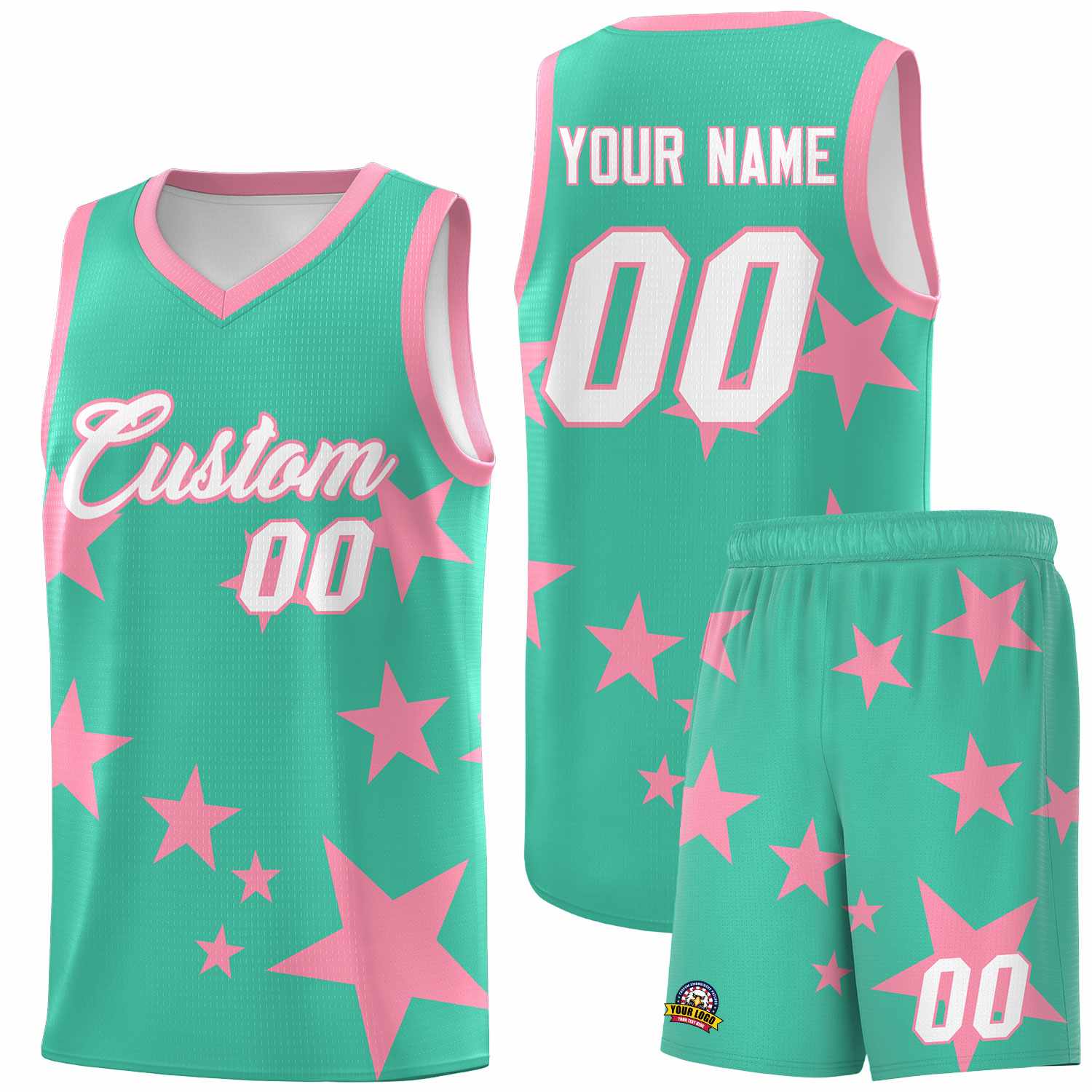 Custom Bright Green Light Pink Graffiti Pattern Star Print Basketball Jersey Kits|KXKSHOP