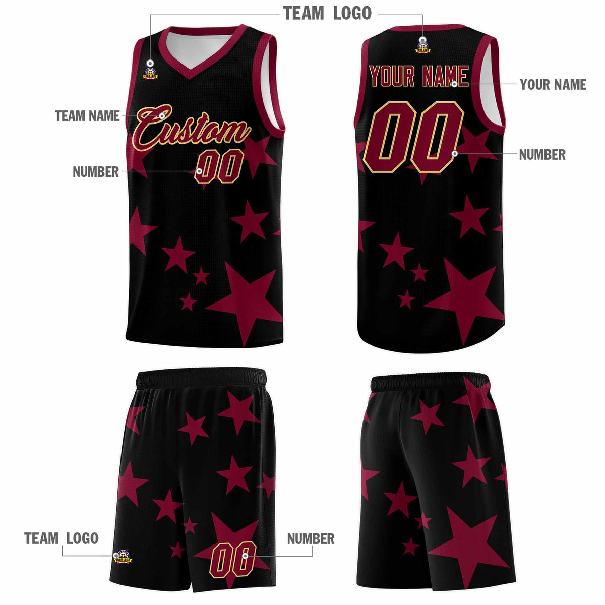 Custom Black Crimson Graffiti Pattern Star Print Basketball Jersey Kits|KXKSHOP