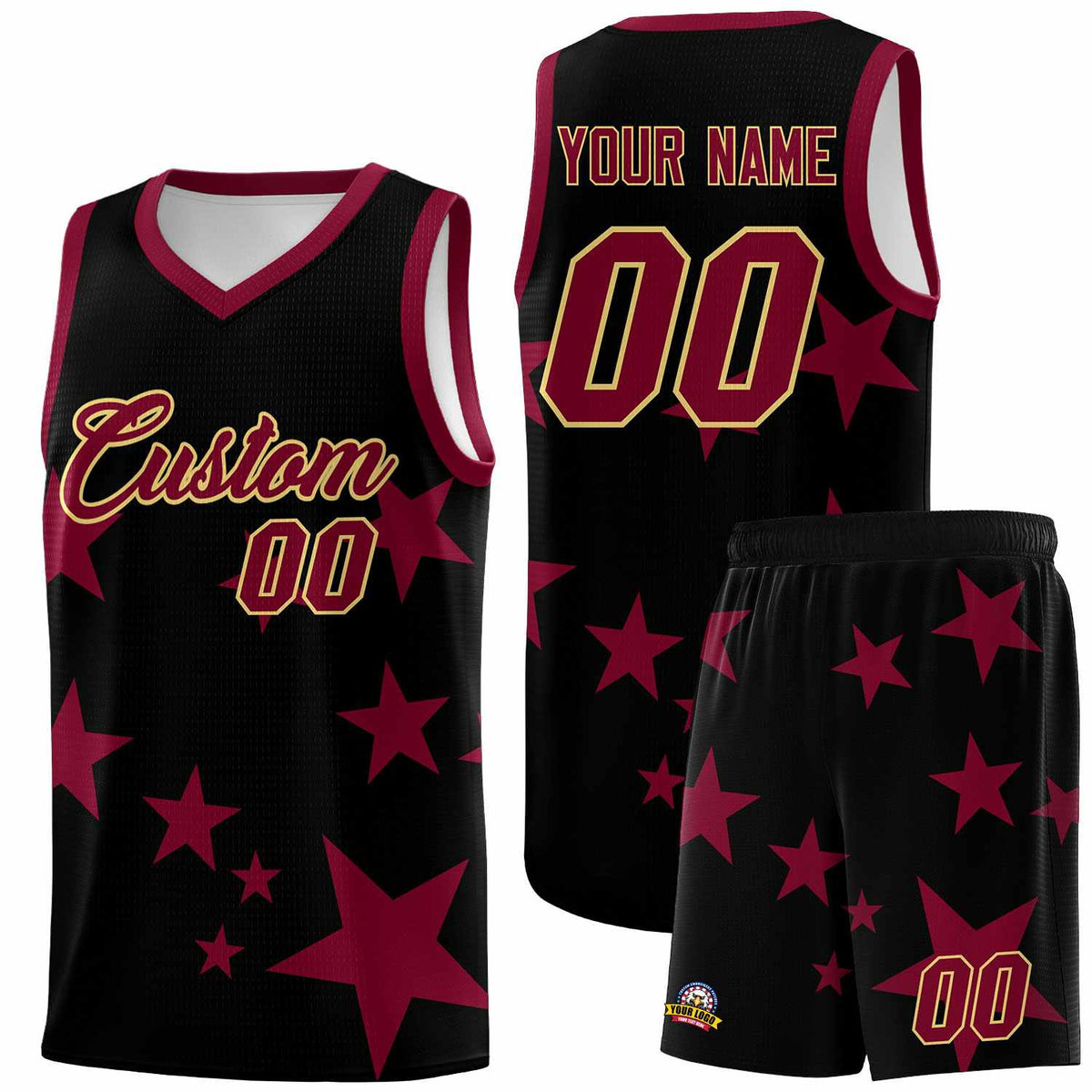 Custom Black Crimson Graffiti Pattern Star Print Basketball Jersey Kits|KXKSHOP