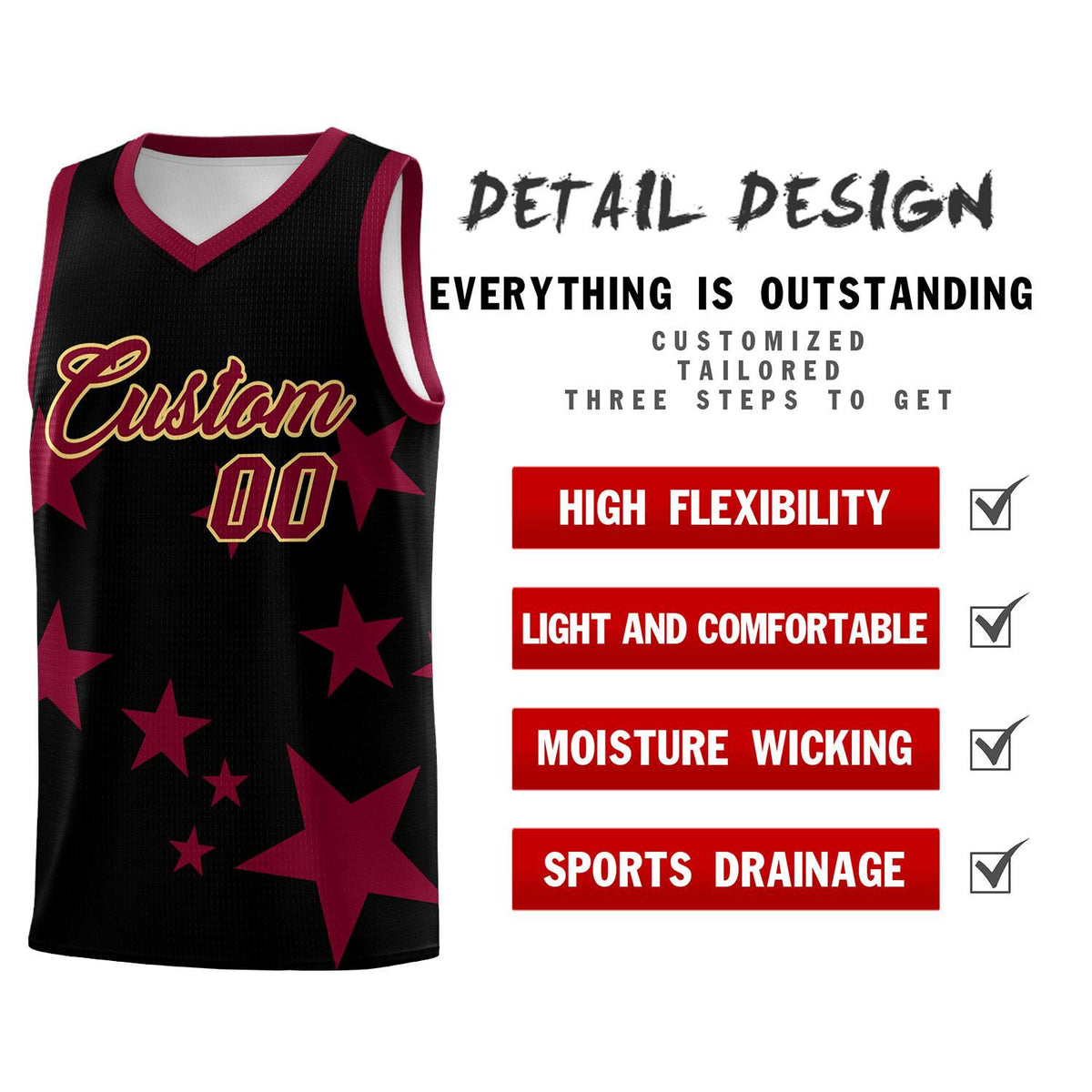 Custom Black Crimson Graffiti Pattern Star Print Basketball Jersey Kits|KXKSHOP