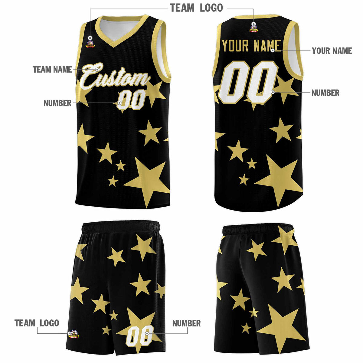 Custom Black Old Gold Graffiti Pattern Star Print Basketball Jersey Kits|KXKSHOP