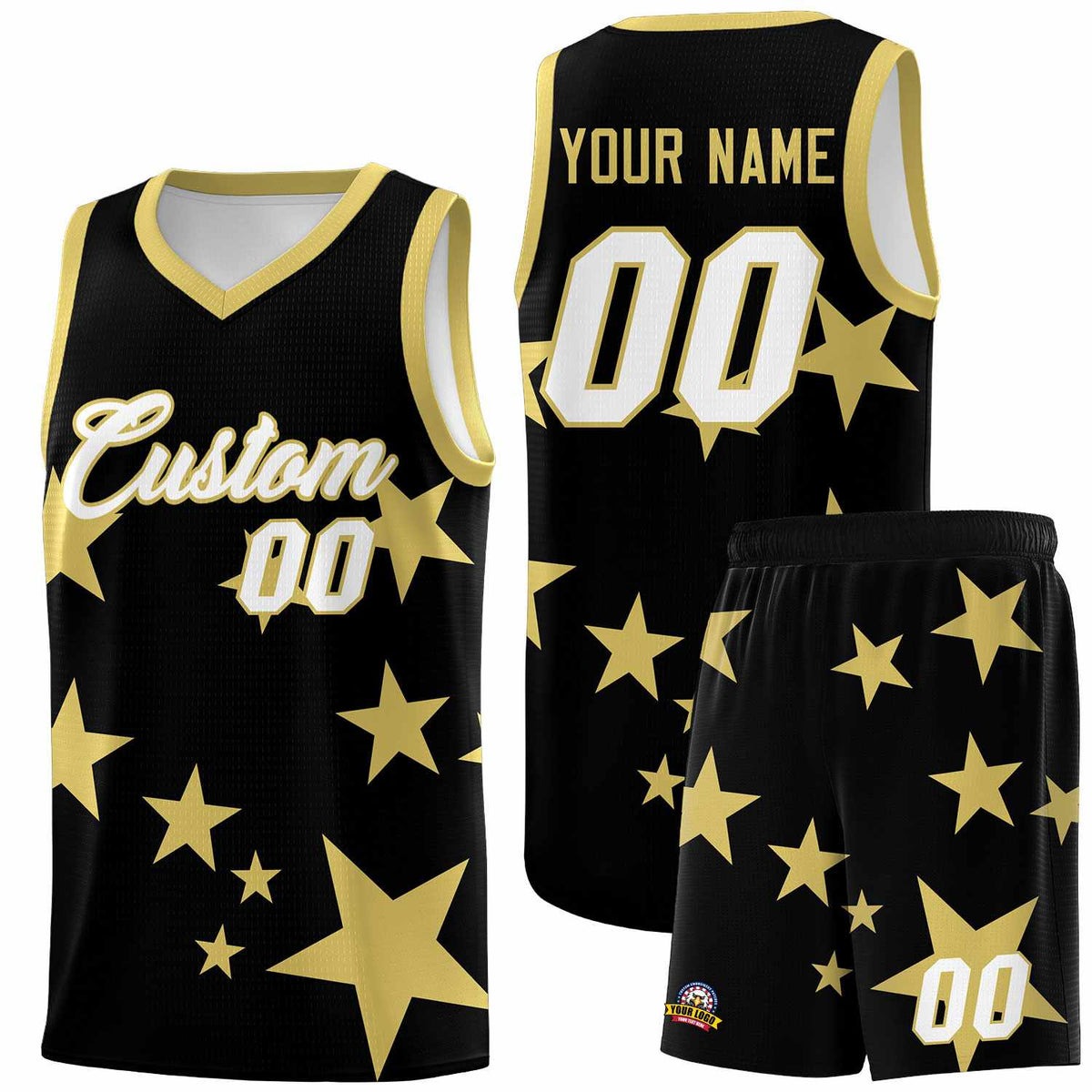 Custom Black Old Gold Graffiti Pattern Star Print Basketball Jersey Kits|KXKSHOP