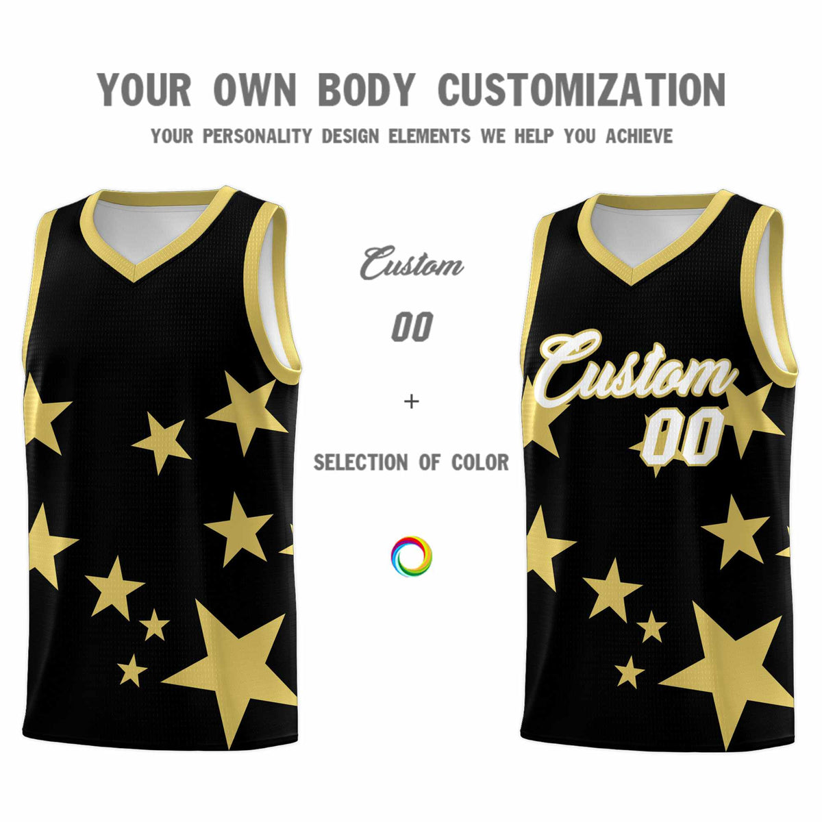 Custom Black Old Gold Graffiti Pattern Star Print Basketball Jersey Kits|KXKSHOP