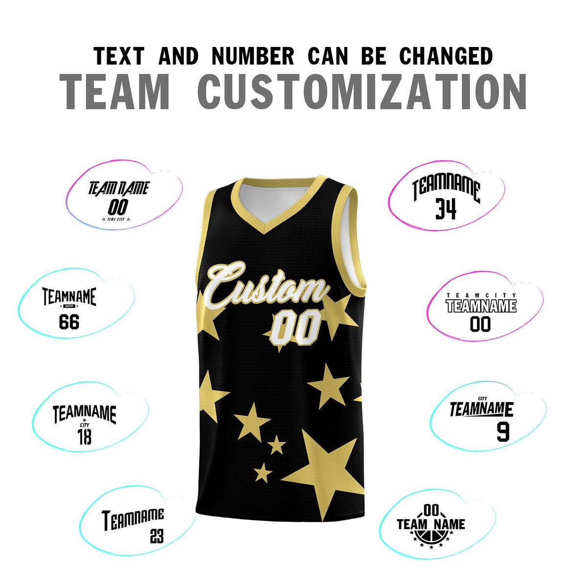 Custom Black Old Gold Graffiti Pattern Star Print Basketball Jersey Kits|KXKSHOP