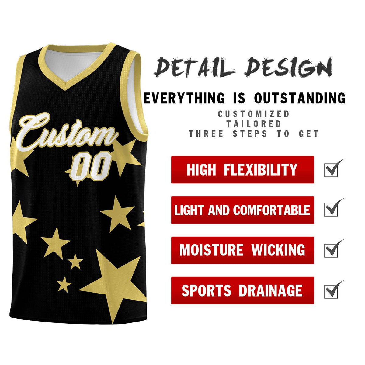 Custom Black Old Gold Graffiti Pattern Star Print Basketball Jersey Kits|KXKSHOP