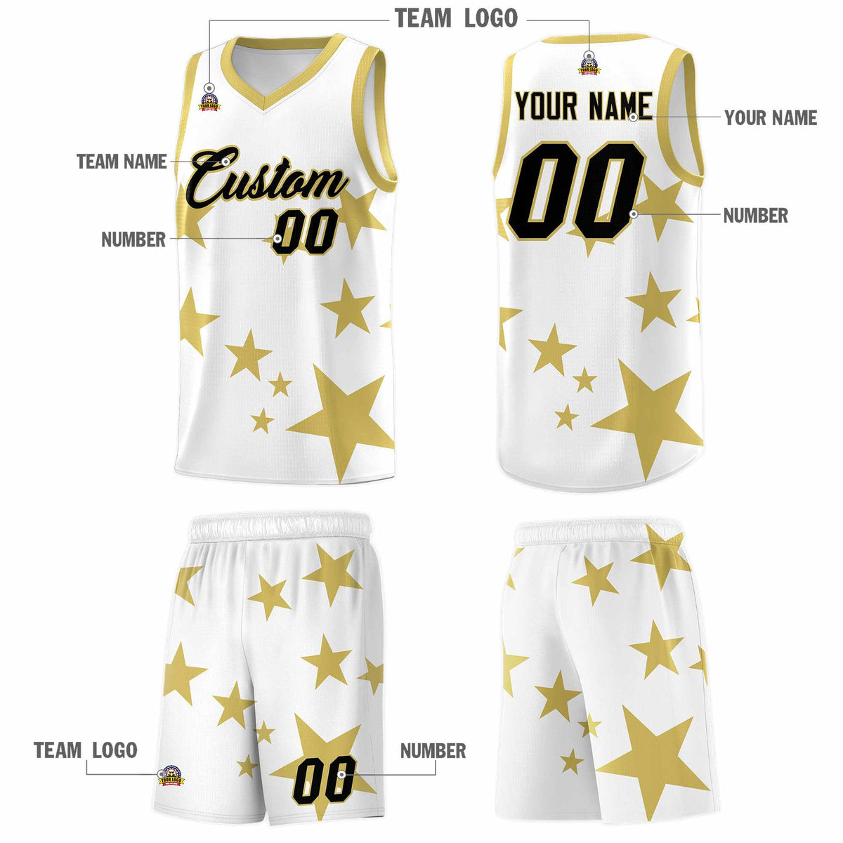 Custom White Old Gold Graffiti Pattern Star Print Basketball Jersey Kits|KXKSHOP