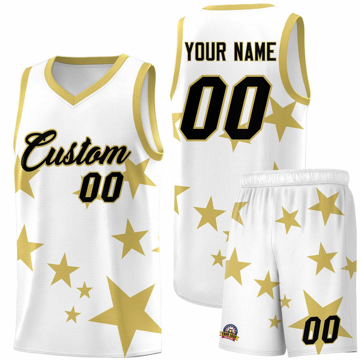 Custom White Old Gold Graffiti Pattern Star Print Basketball Jersey Kits|KXKSHOP
