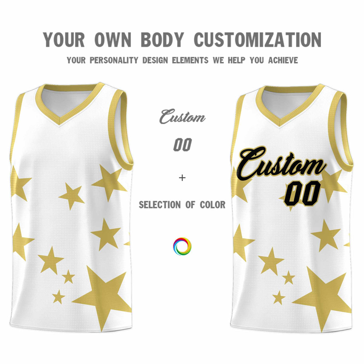 Custom White Old Gold Graffiti Pattern Star Print Basketball Jersey Kits|KXKSHOP