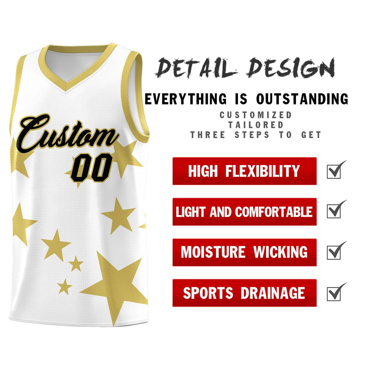 Custom White Old Gold Graffiti Pattern Star Print Basketball Jersey Kits|KXKSHOP