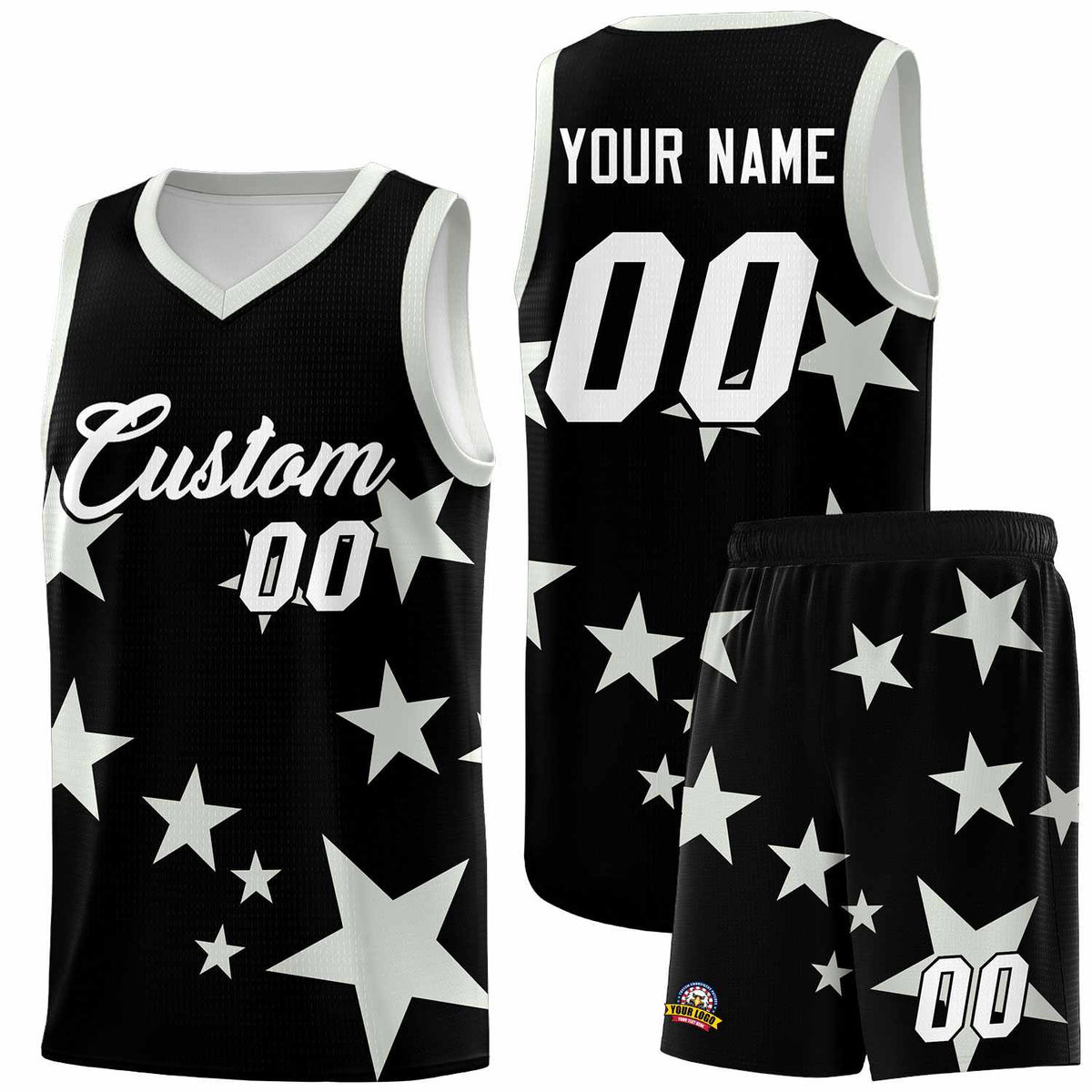 Custom Black Gray Graffiti Pattern Star Print Basketball Jersey Kits|KXKSHOP