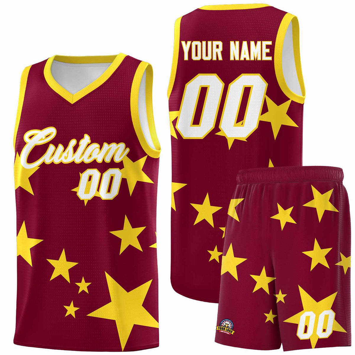 Custom Crimson Gold Graffiti Pattern Star Print Basketball Jersey Kits|KXKSHOP