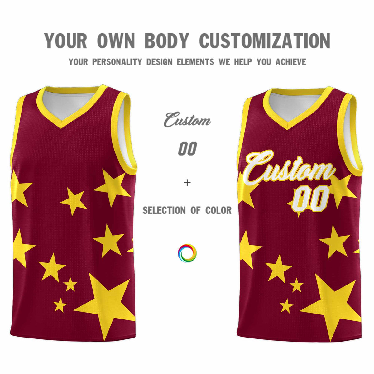 Custom Crimson Gold Graffiti Pattern Star Print Basketball Jersey Kits|KXKSHOP