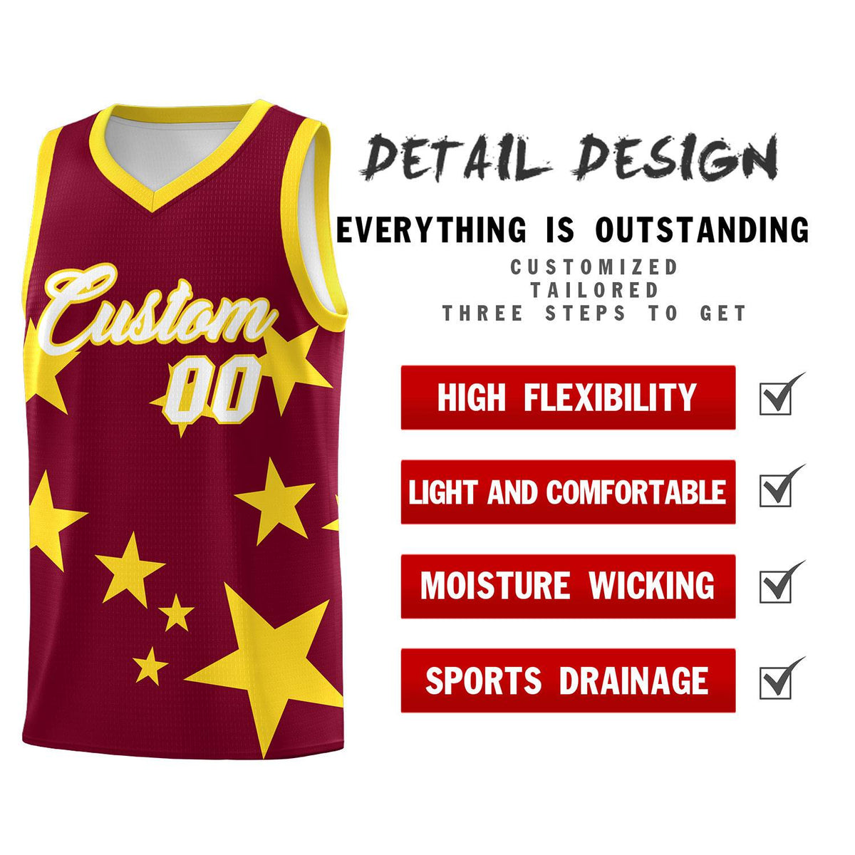 Custom Crimson Gold Graffiti Pattern Star Print Basketball Jersey Kits|KXKSHOP