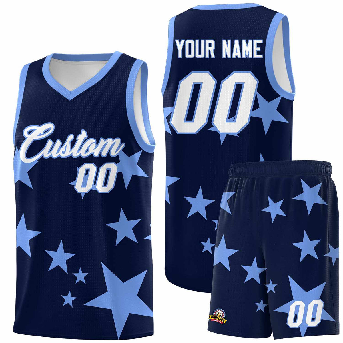 Custom Navy Light Blue Graffiti Pattern Star Print Basketball Jersey Kits|KXKSHOP