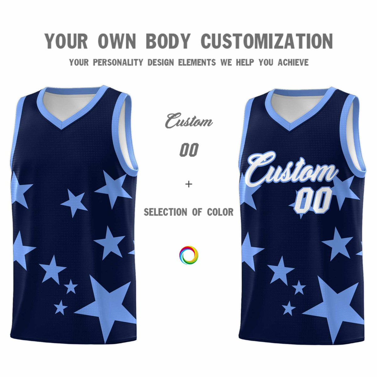 Custom Navy Light Blue Graffiti Pattern Star Print Basketball Jersey Kits|KXKSHOP